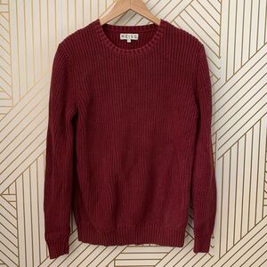 Reiss 100% Cotton ribbed striped knit Crewneck fisherman sweater maroon burgundy